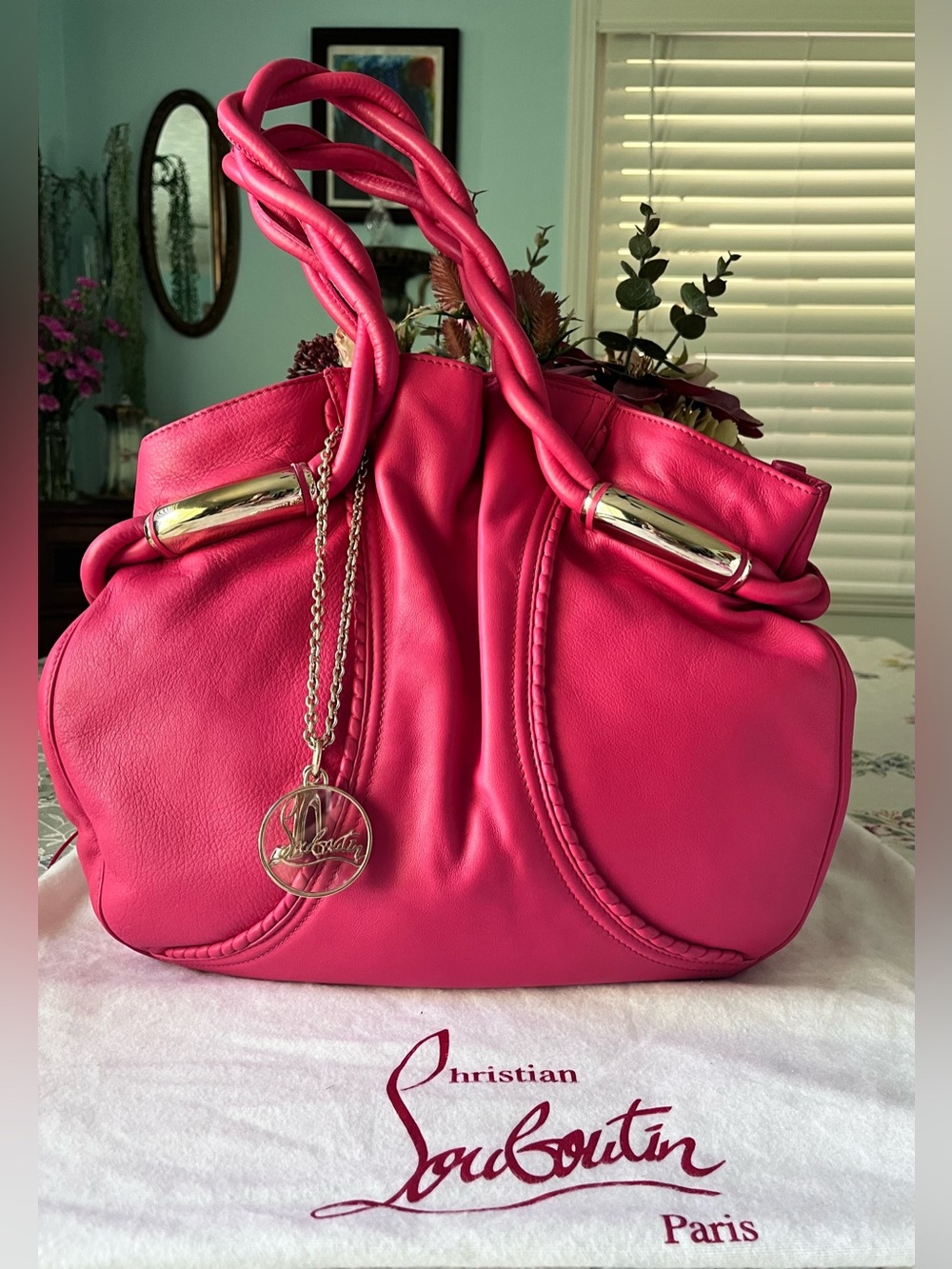Like New Christian Louboutin Hot Pink Bag with Gold-Tone Charms. Comes with COA